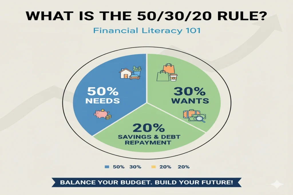 Simple breakdown of the 50 30 20 rule for financial literacy showing income allocation chart