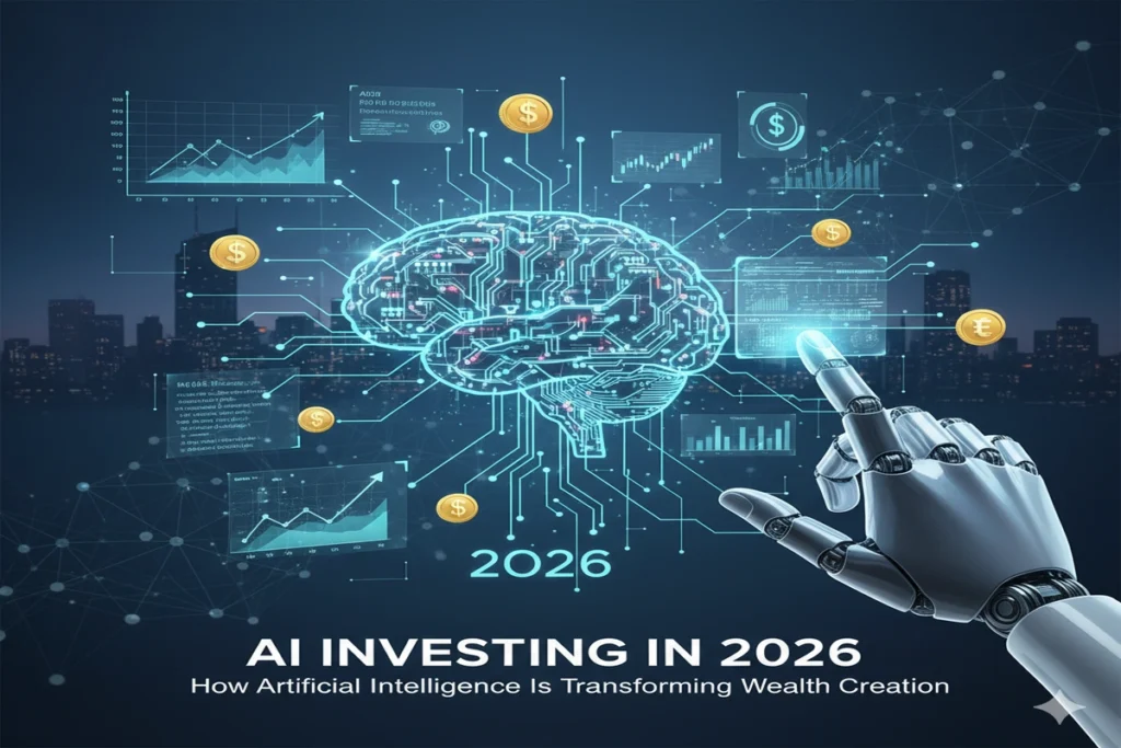 A futuristic graphic depicting AI investing in 2026, with a glowing circuit board brain, financial charts, currency symbols, and a robotic hand interacting with a digital interface, illustrating wealth creation through artificial intelligence