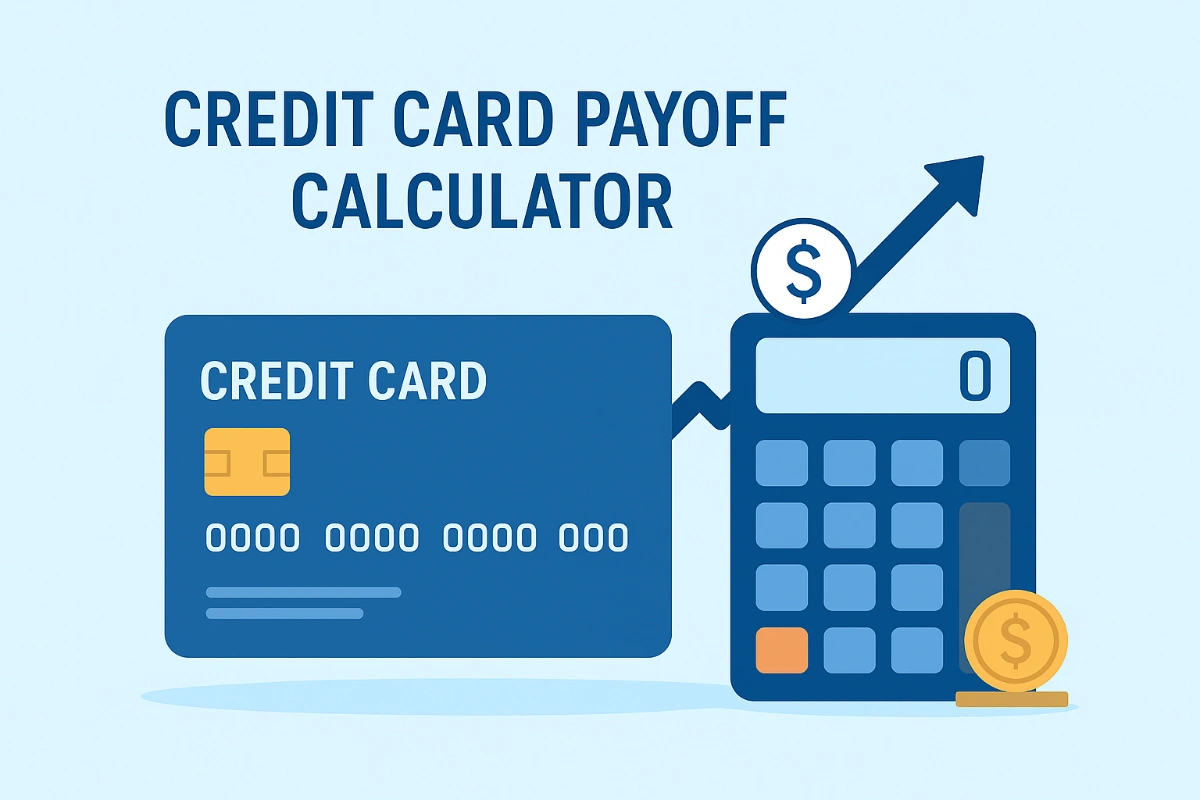 Credit Card Payoff Calculator with blue credit card and calculator illustration showing debt reduction and savings plan