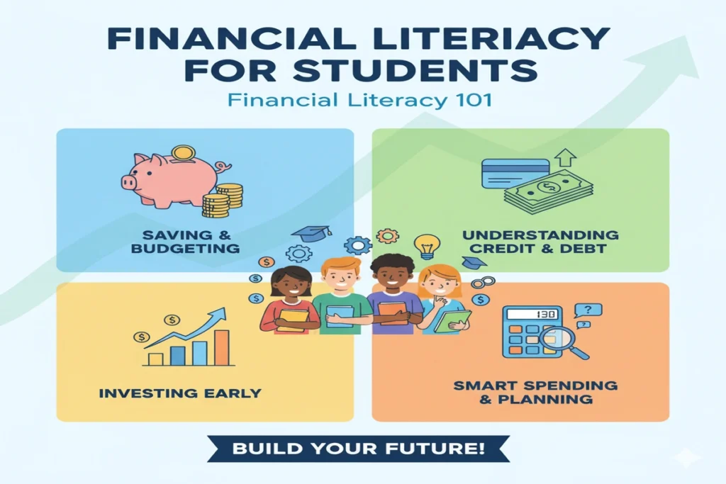 Illustration explaining the 50 30 20 rule for financial literacy showing income distribution chart