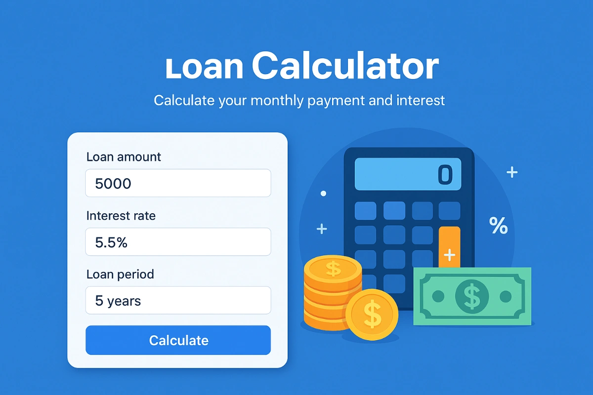 Illustration of SavvyMoneyWise Loan Calculator tool showing loan amount, interest rate, and loan period fields with coins and a calculator icon.