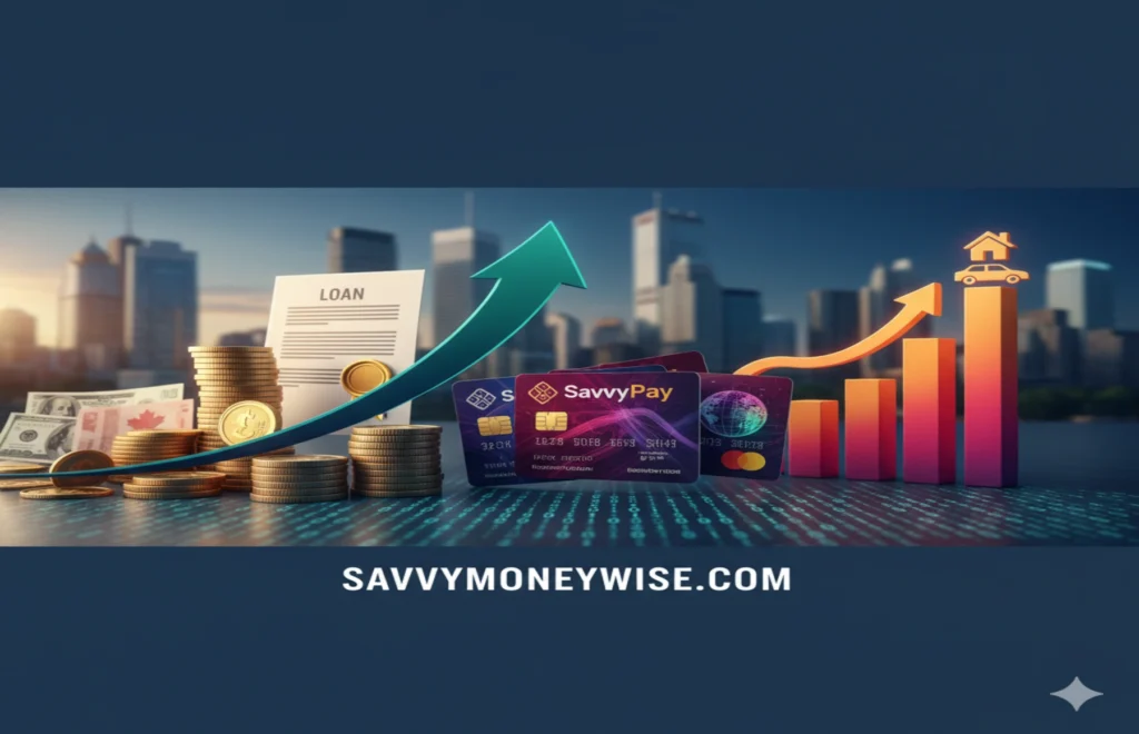 A visual representation of financial growth with a rising arrow, loan document, stacks of coins, and credit cards in front of a modern city skyline