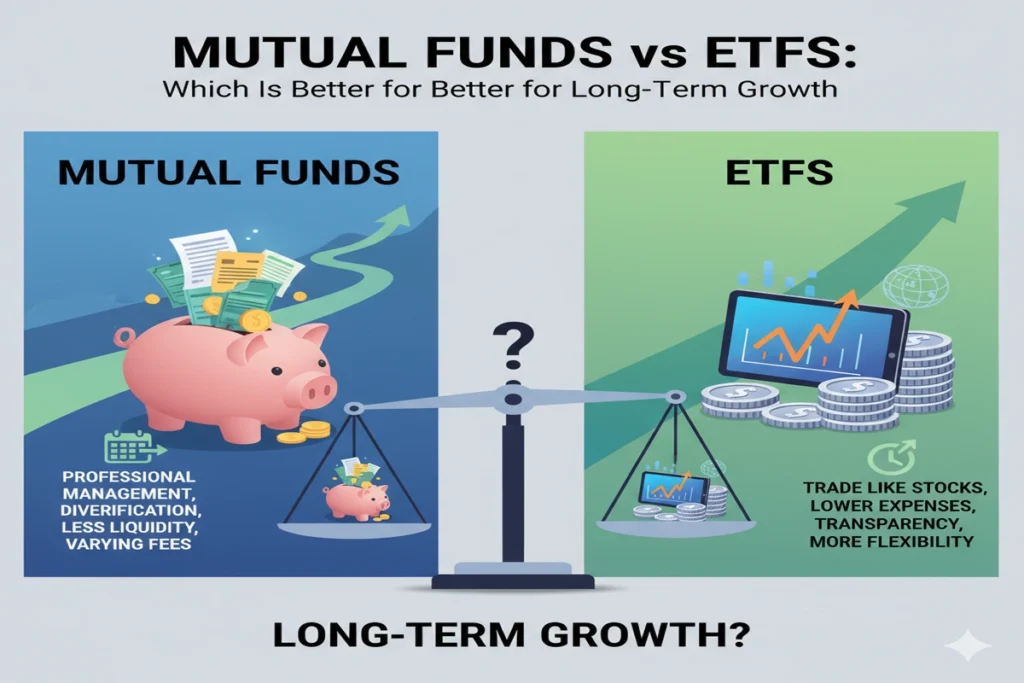 Illustration comparing mutual funds vs ETFs for long-term investment growth, showing charts and dollar icons on a light blue background for a finance article targeting USA, Canada, and UK investors.