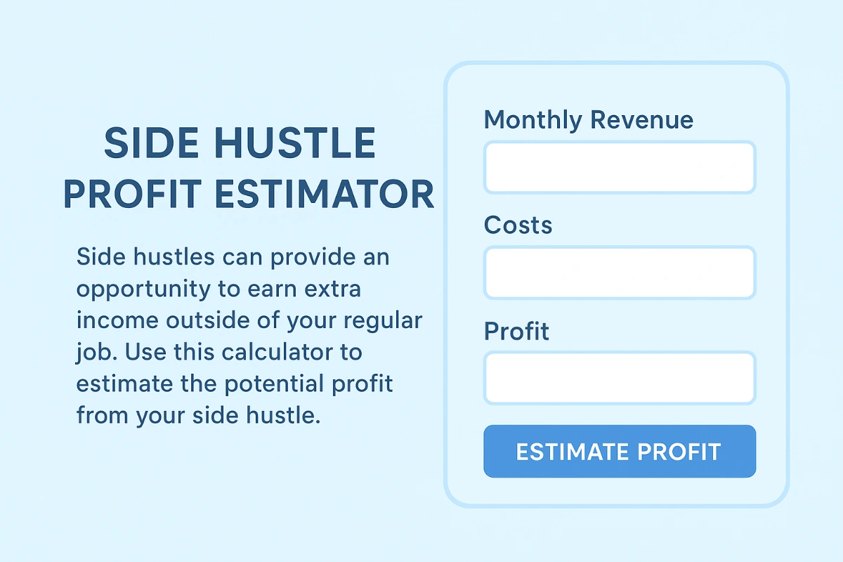 Person calculating side hustle profits using online profit estimator tool on laptop with light blue background