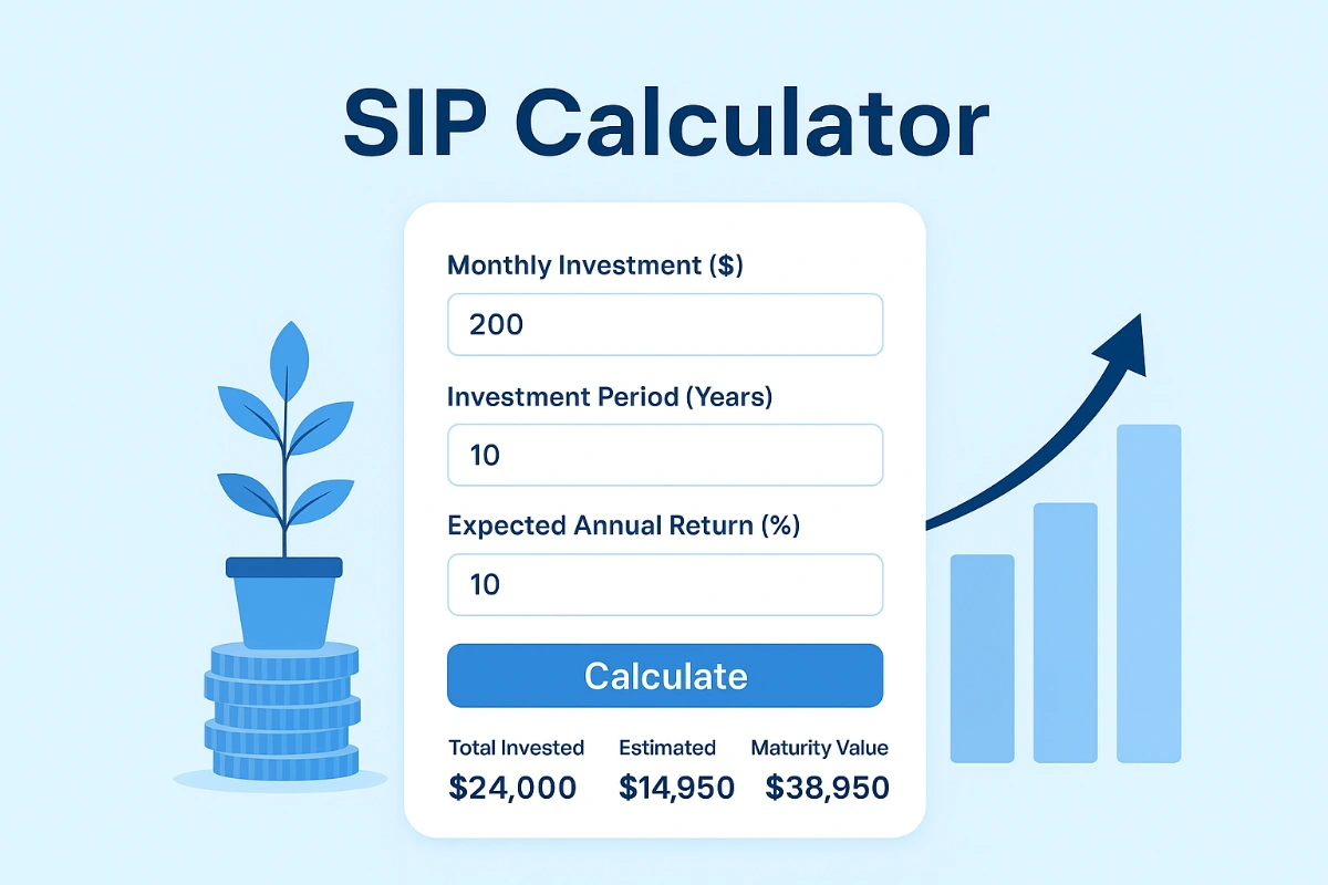 SIP Calculator showing monthly investment, period, and returns for financial planning and wealth growth