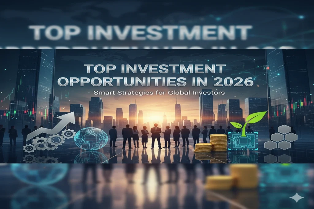 A graphic showing top investment opportunities in 2026 with a city skyline, growth arrow, gold coins, and tech gears